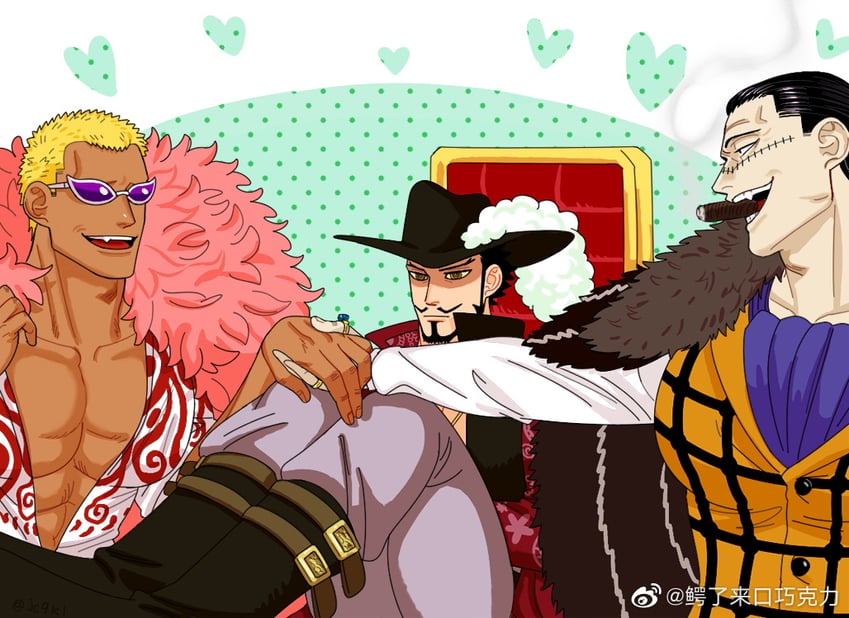 donquixote doflamingo, crocodile, and dracule mihawk (one piece) drawn by mg_cls