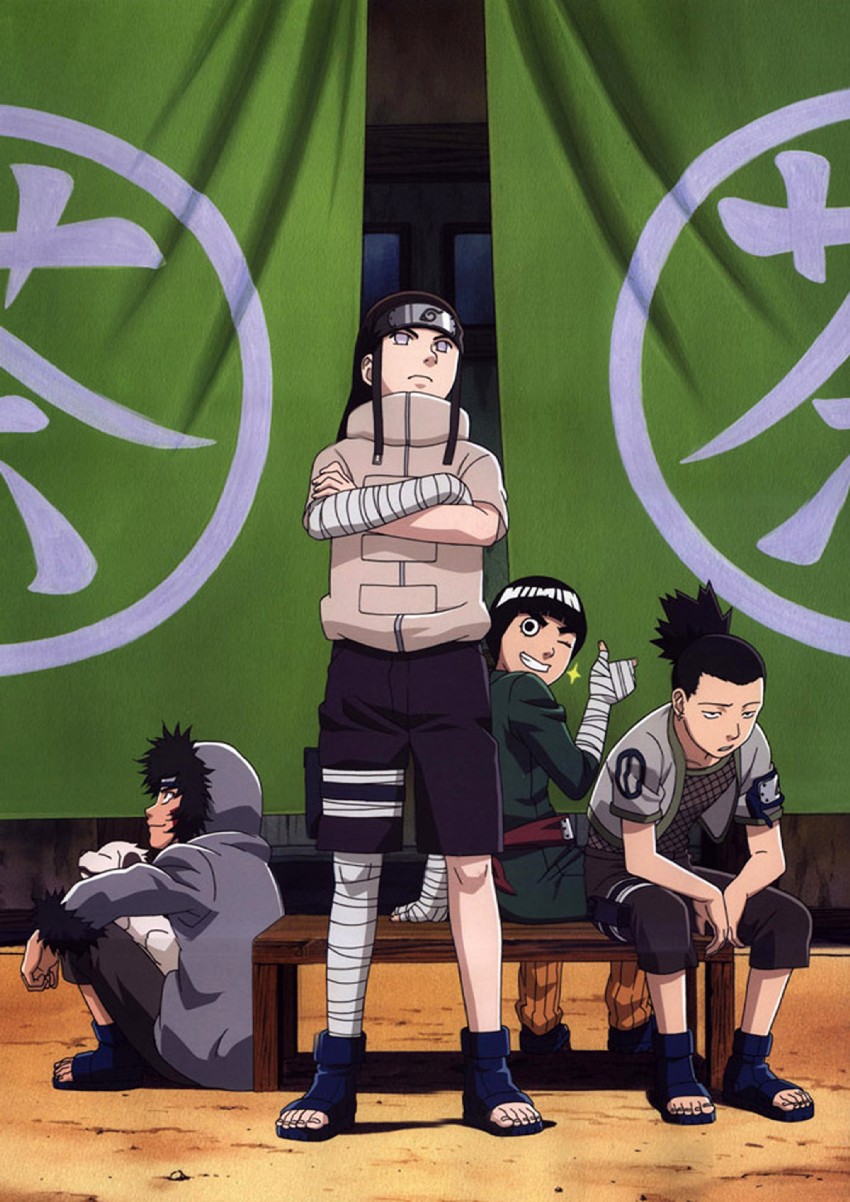 nara shikamaru, rock lee, hyuuga neji, inuzuka kiba, and akamaru (naruto)
