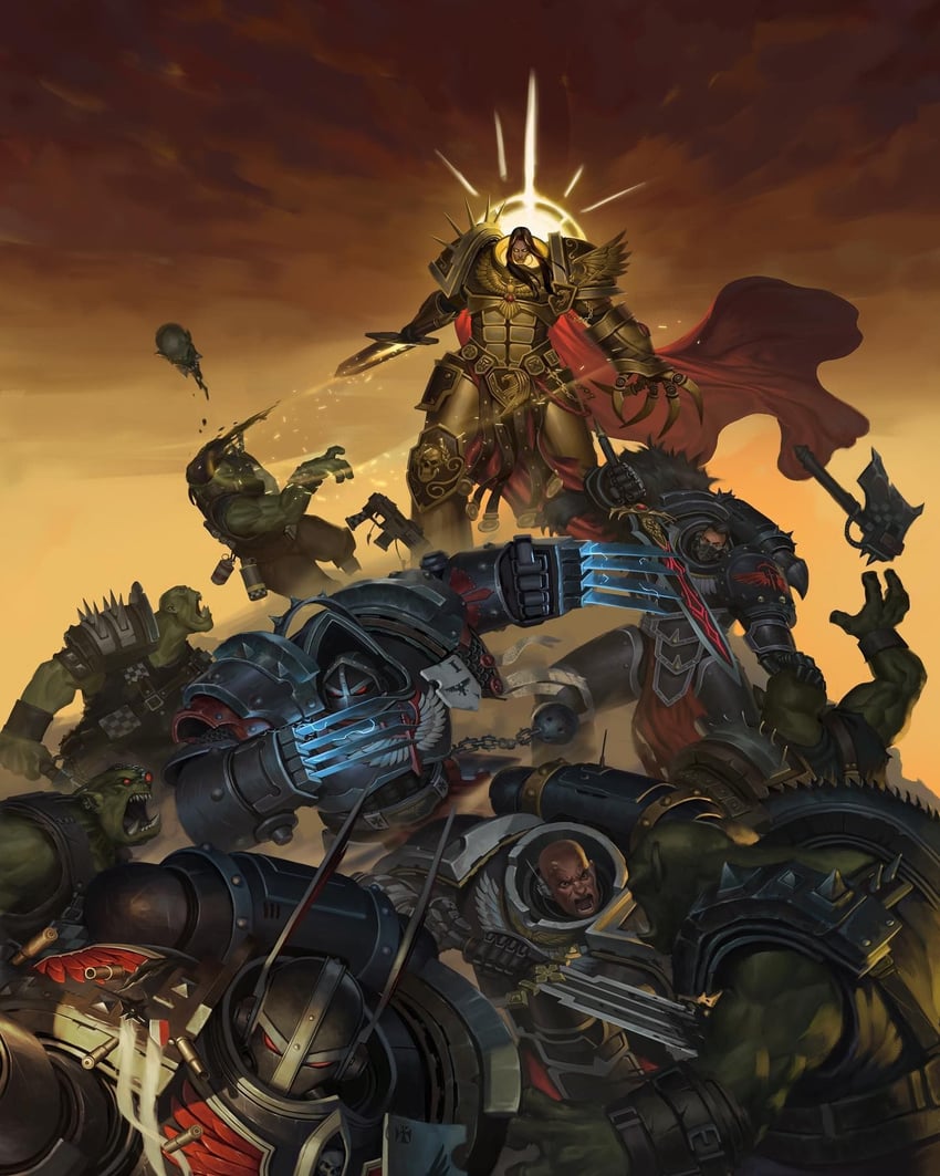 adeptus astartes, emperor of mankind, and ork (warhammer 40k) drawn by martinorona