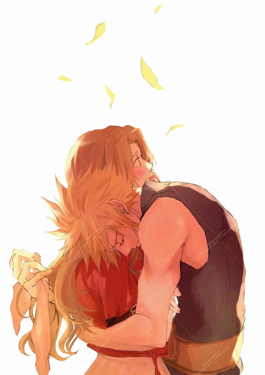 cloud strife and aerith gainsborough (final fantasy and 3 more) drawn by mkonoshiro1