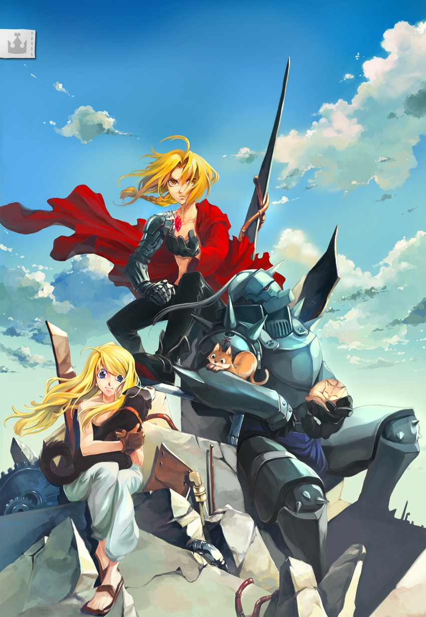 edward elric, alphonse elric, winry rockbell, and black hayate (fullmetal alchemist) drawn by yukiko_minazuki