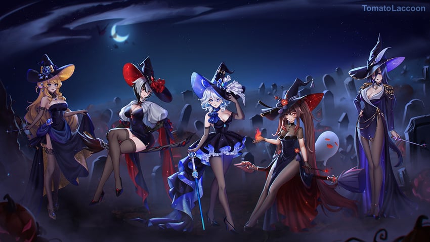 hu tao, furina, boo tao, arlecchino, clorinde, and 1 more (genshin impact) drawn by tomatolaccoon