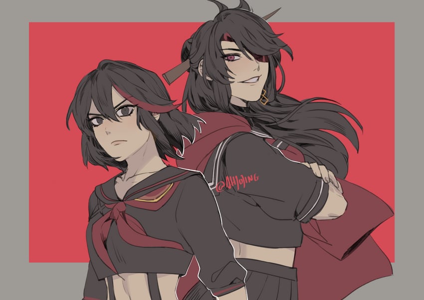 matoi ryuuko, senketsu, beidou, and koshimizu ami (genshin impact and 1 more) drawn by ahjojing