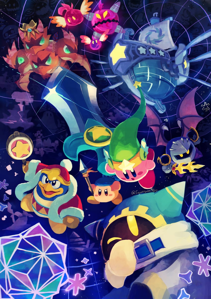 kirby, meta knight, king dedede, magolor, bandana waddle dee, and 19 more (kirby and 1 more) drawn by suyasuyabi