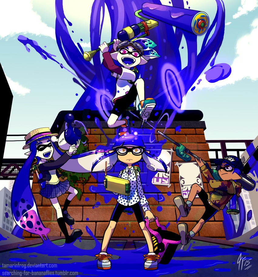 inkling player character, inkling girl, inkling boy, john, whinter castello, and 3 more (splatoon and 1 more) drawn by tamarinfrog
