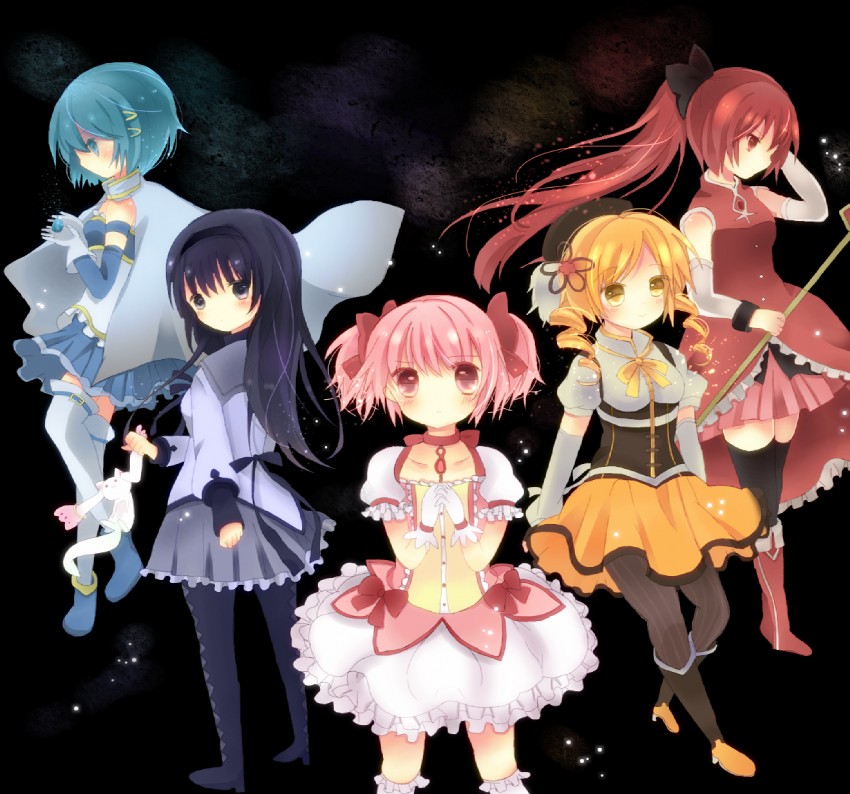 akemi homura, kaname madoka, miki sayaka, sakura kyoko, tomoe mami, and 1 more (mahou shoujo madoka magica) drawn by kohaku_muro