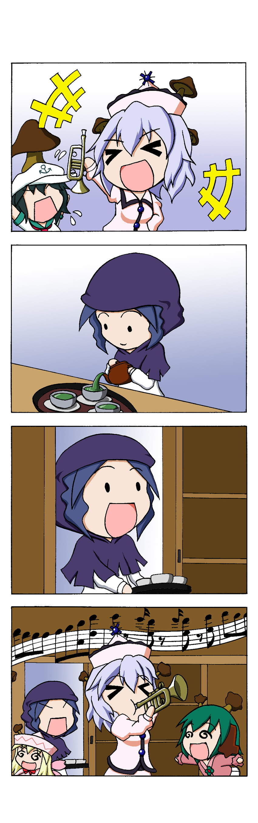 murasa minamitsu, kumoi ichirin, kasodani kyouko, lily white, and merlin prismriver (touhou) drawn by rakugaki-biyori