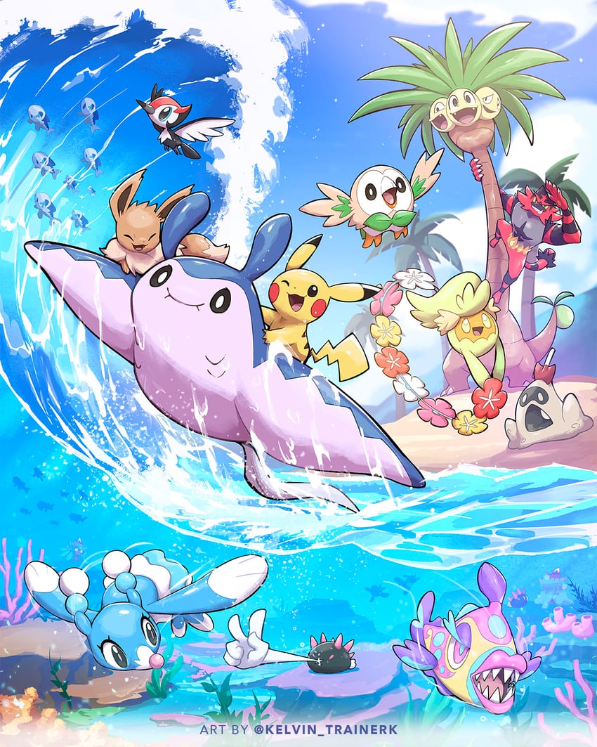 pikachu, eevee, rowlet, incineroar, pyukumuku, and 8 more (pokemon) drawn by kelvin-trainerk