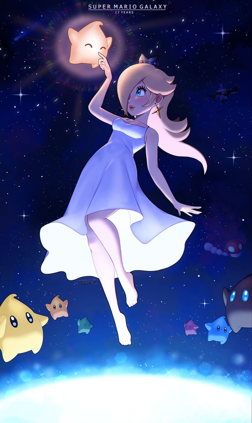 rosalina, luma, blue luma, baby luma, red luma, and 3 more (mario and 1 more) drawn by sarukaiwolf
