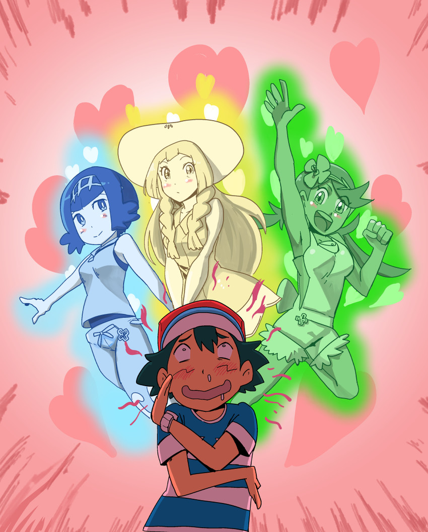 lillie, ash ketchum, lana, and mallow (pokemon and 1 more) drawn by hotsaurus