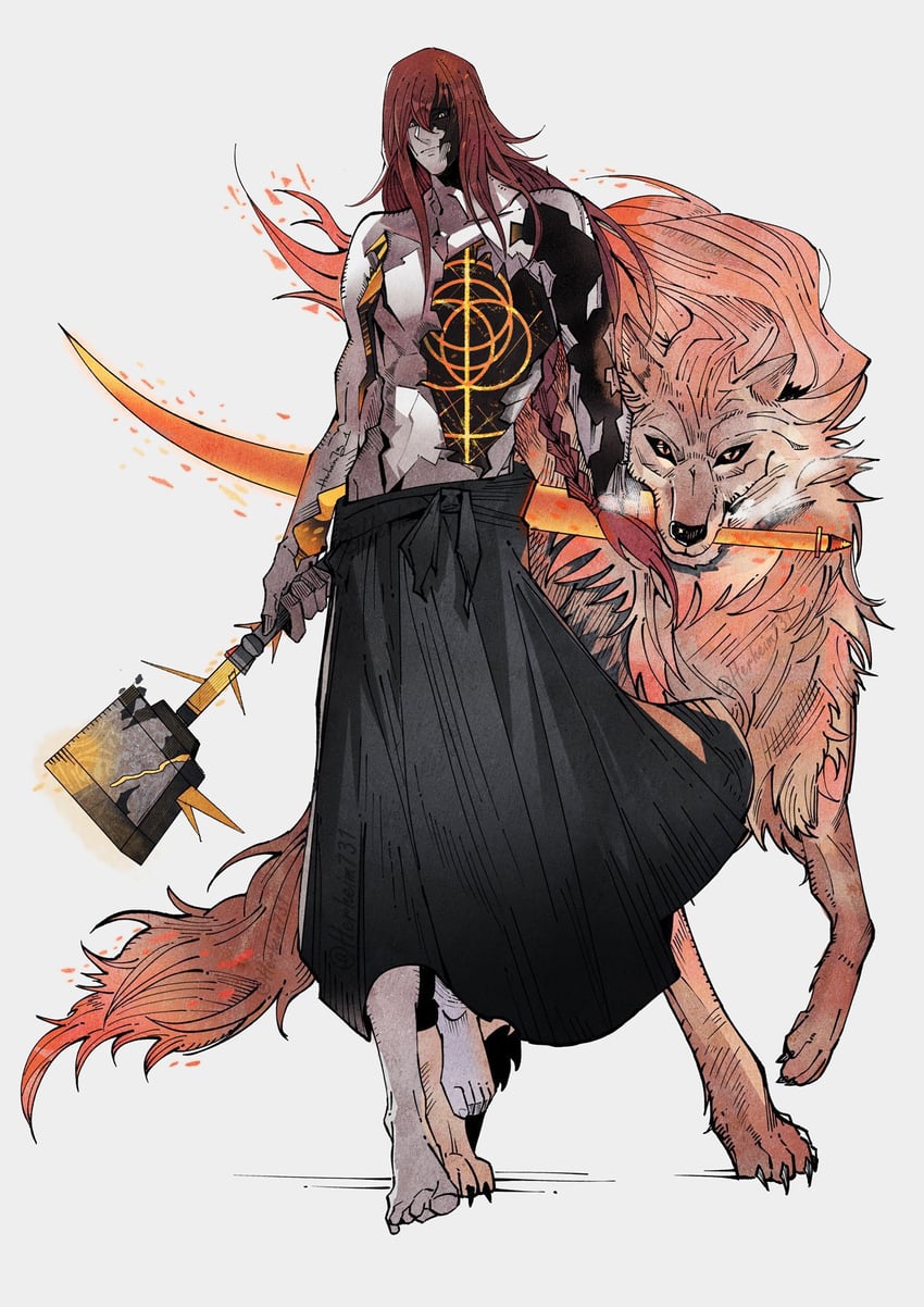 radagon of the golden order and red wolf of radagon (elden ring) drawn by herheim