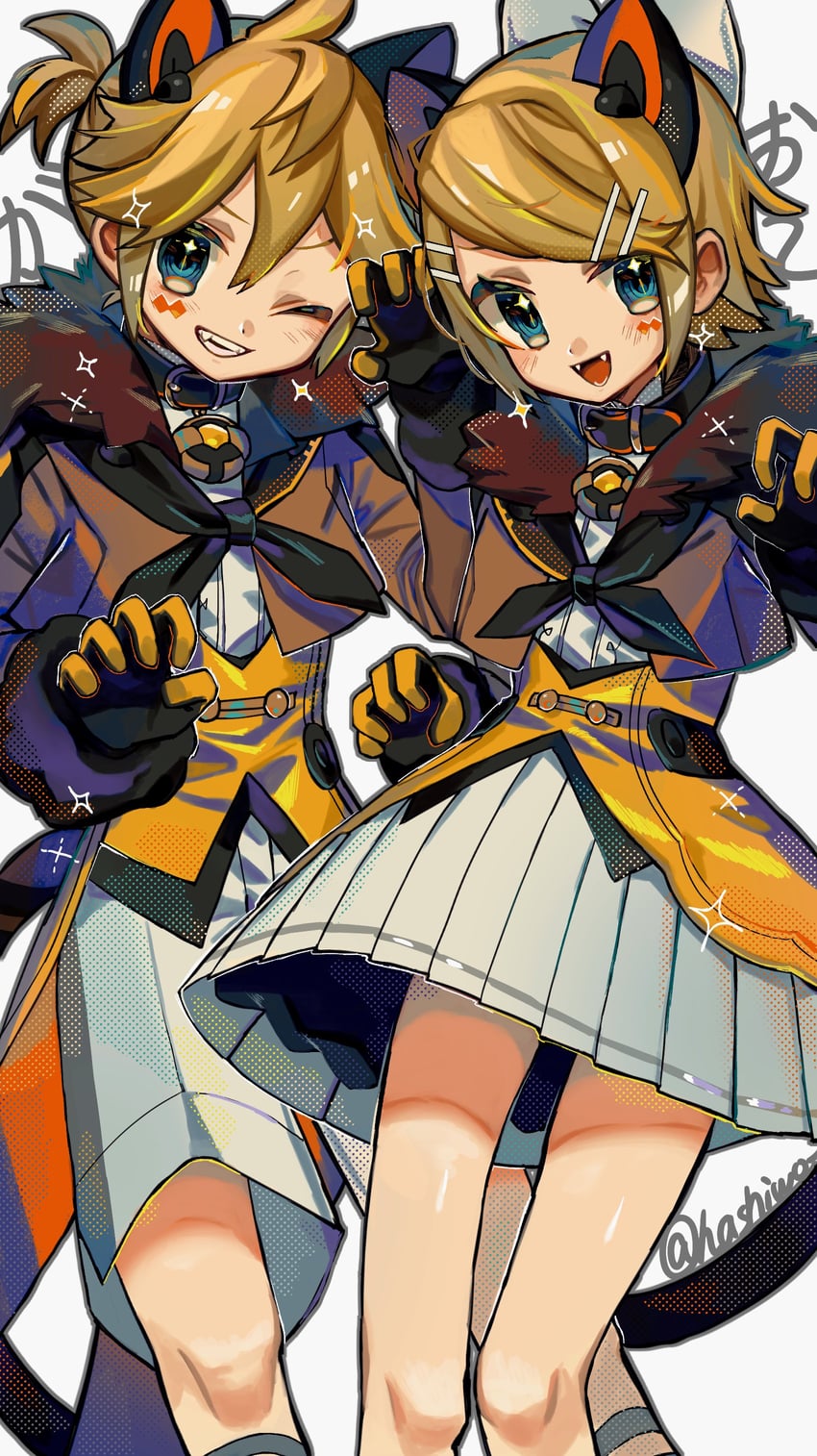 kagamine rin, kagamine len, magical mirai len, and magical mirai rin (vocaloid and 1 more) drawn by hashiwo