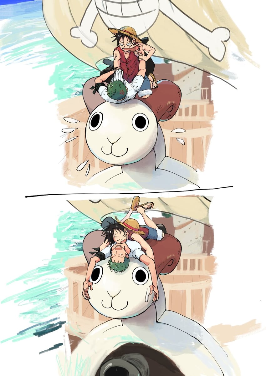 monkey d. luffy, roronoa zoro, and going merry (one piece) drawn by 7nawon