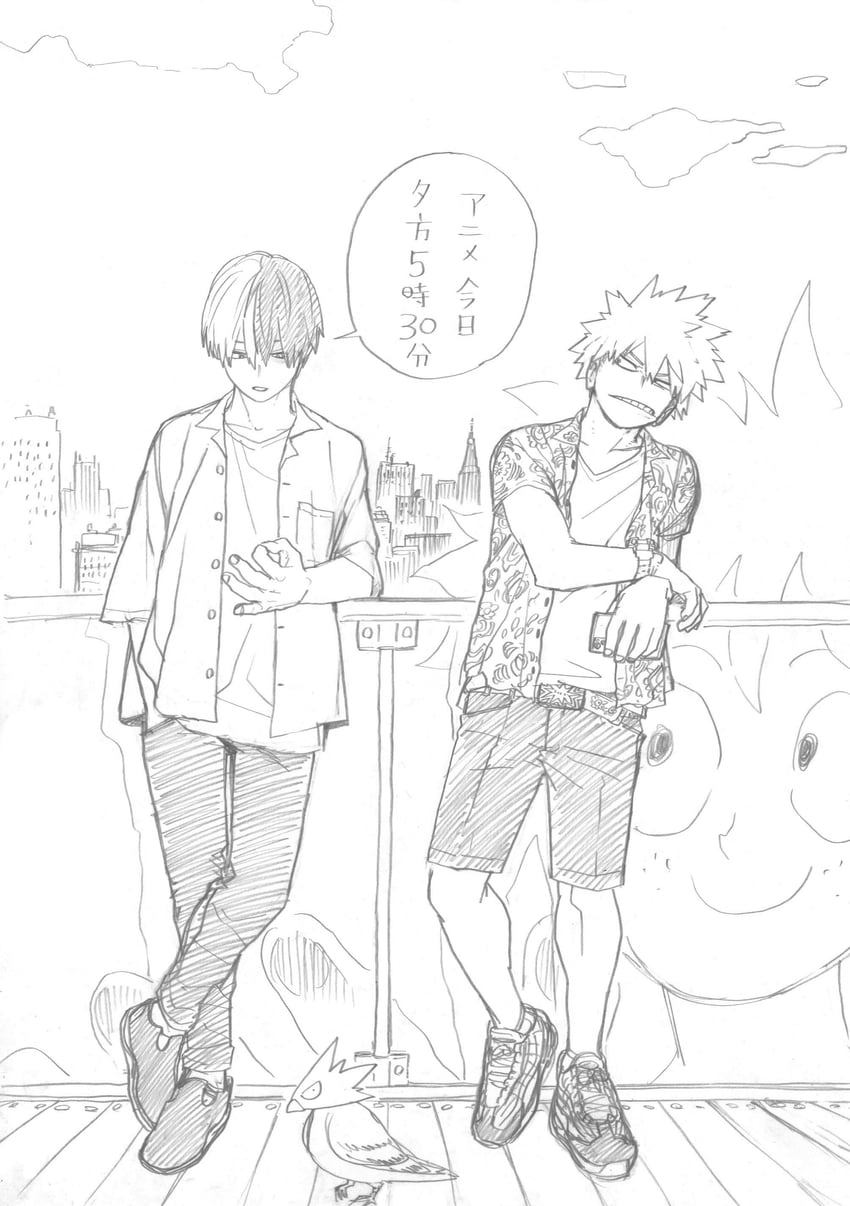 midoriya izuku, bakugou katsuki, and todoroki shoto (boku no hero academia) drawn by horikoshi_kouhei