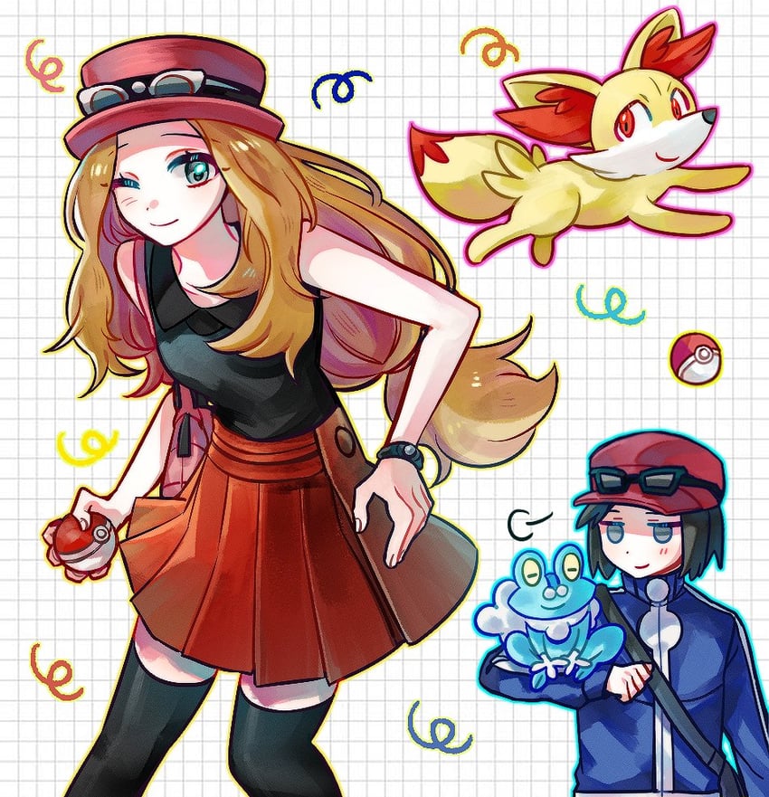 serena, calem, fennekin, and froakie (pokemon and 1 more) drawn by kong_(6ki3ki)
