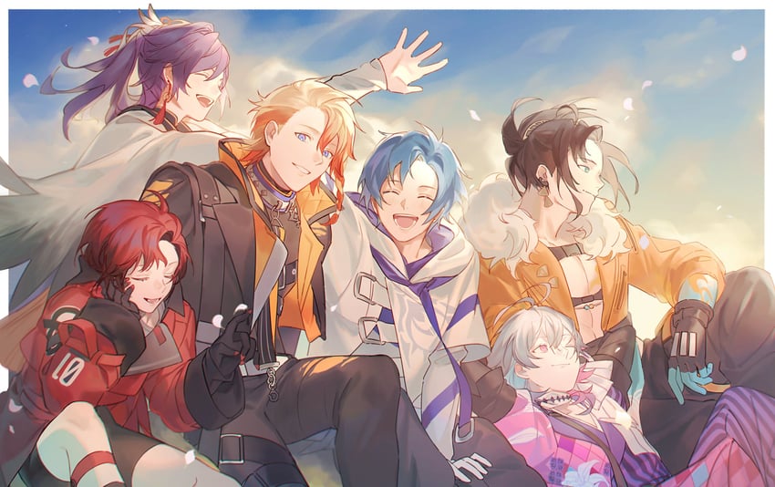 gavis bettel, machina x flayon, regis altare, axel syrios, banzoin hakka, and 1 more (holostars and 1 more) drawn by chul_(pacifique)