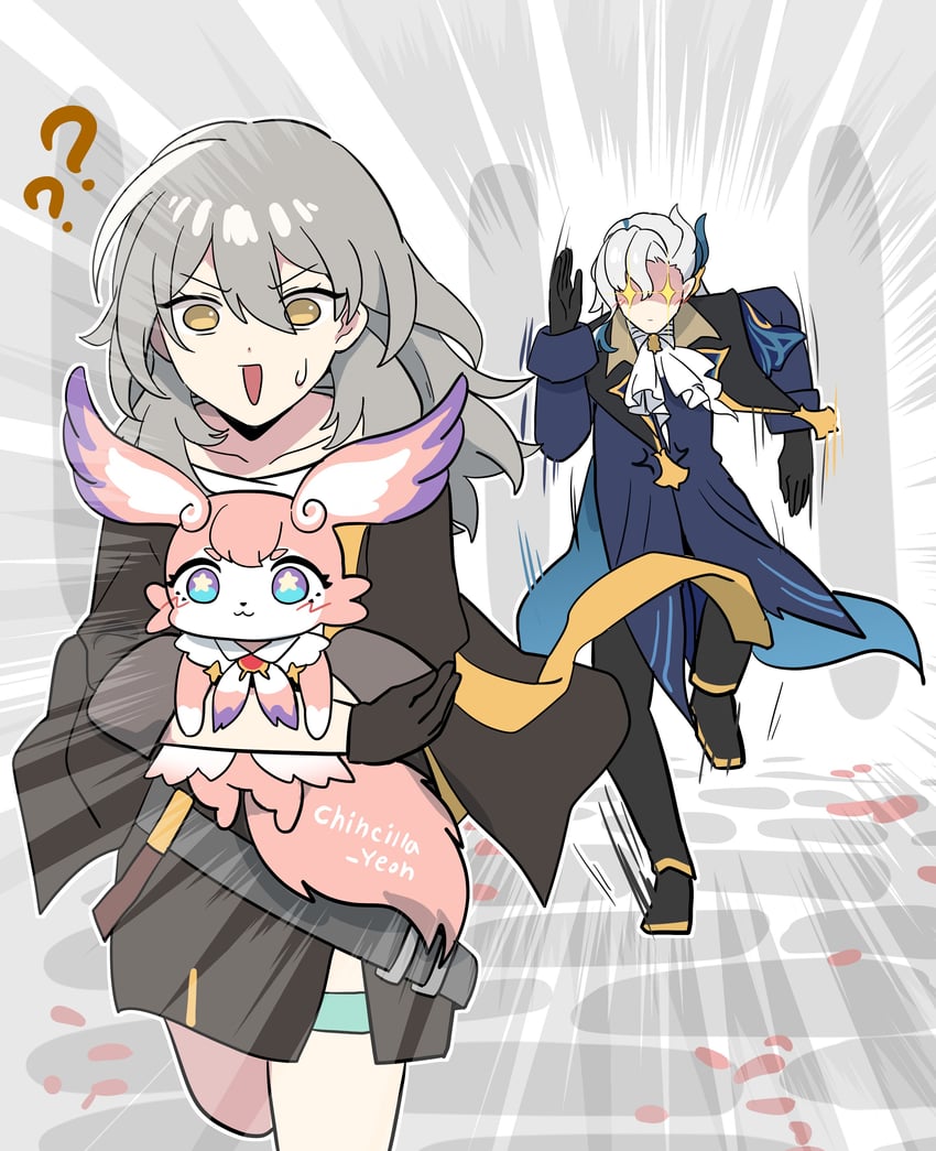 trailblazer, stelle, neuvillette, and mem (genshin impact and 3 more) drawn by ooyun