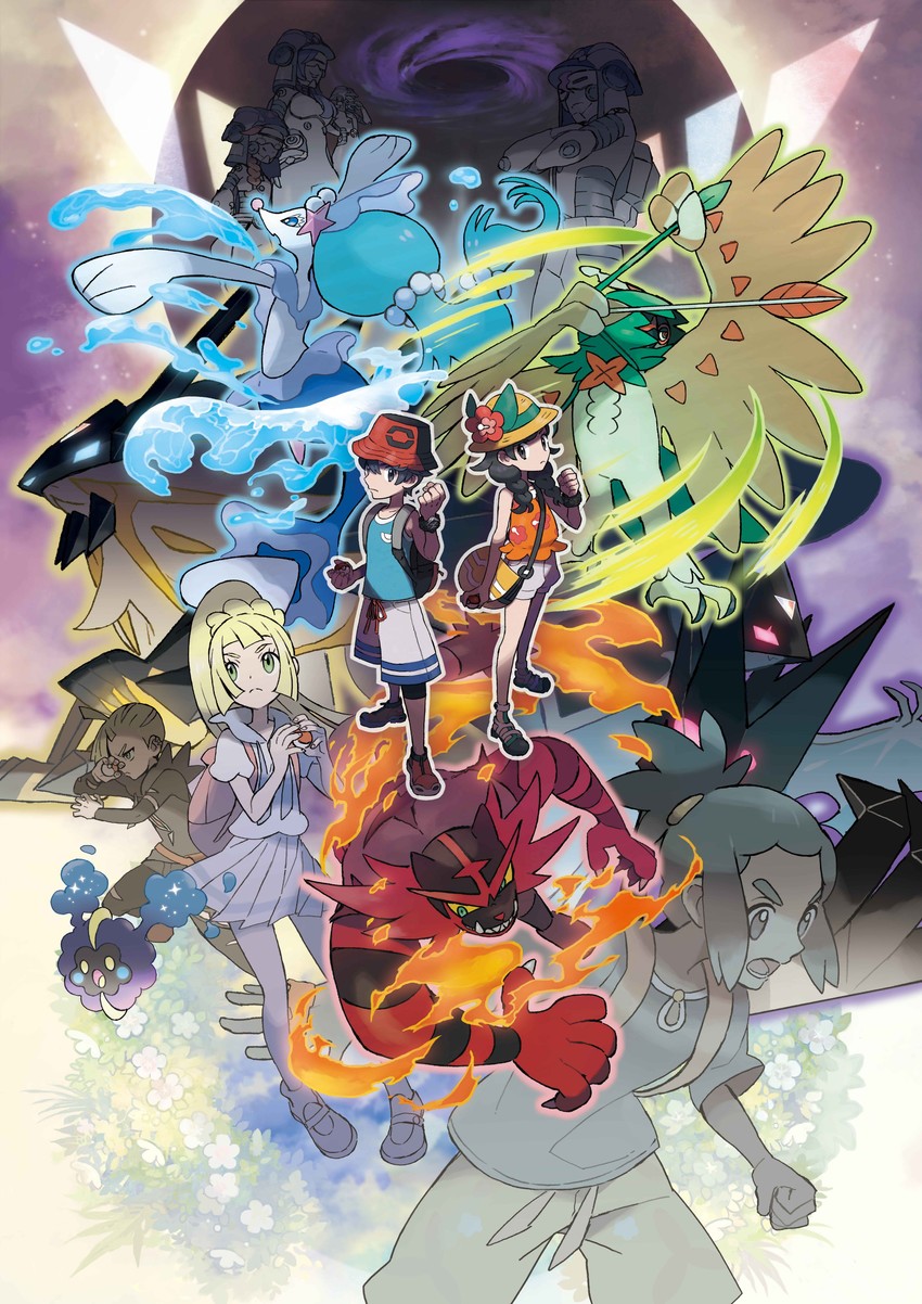 lillie, selene, elio, gladion, hau, and 9 more (pokemon and 2 more) drawn by sugimori_ken