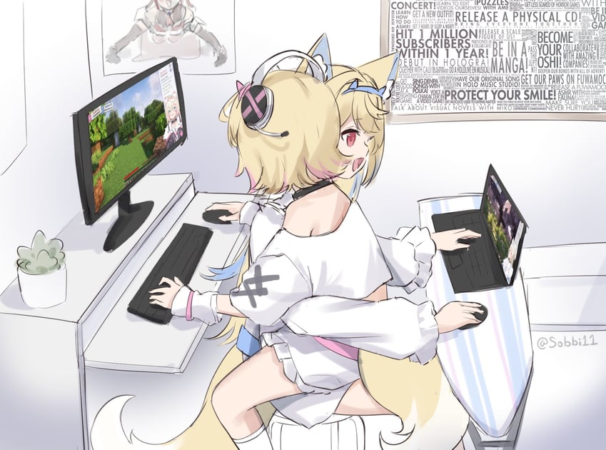 houshou marine, fuwawa abyssgard, and mococo abyssgard (hololive and 2 more) drawn by sobbi11