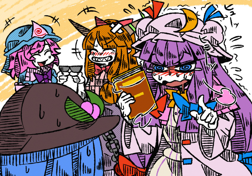 patchouli knowledge, saigyouji yuyuko, hinanawi tenshi, and ibuki suika (touhou) drawn by suenari_(peace)
