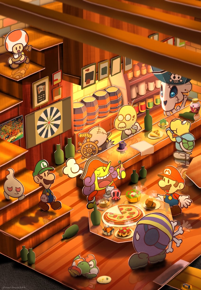 mario, luigi, yoshi, paper mario, admiral bobbery, and 8 more (mario and 2 more) drawn by maribou_(supermaribou)