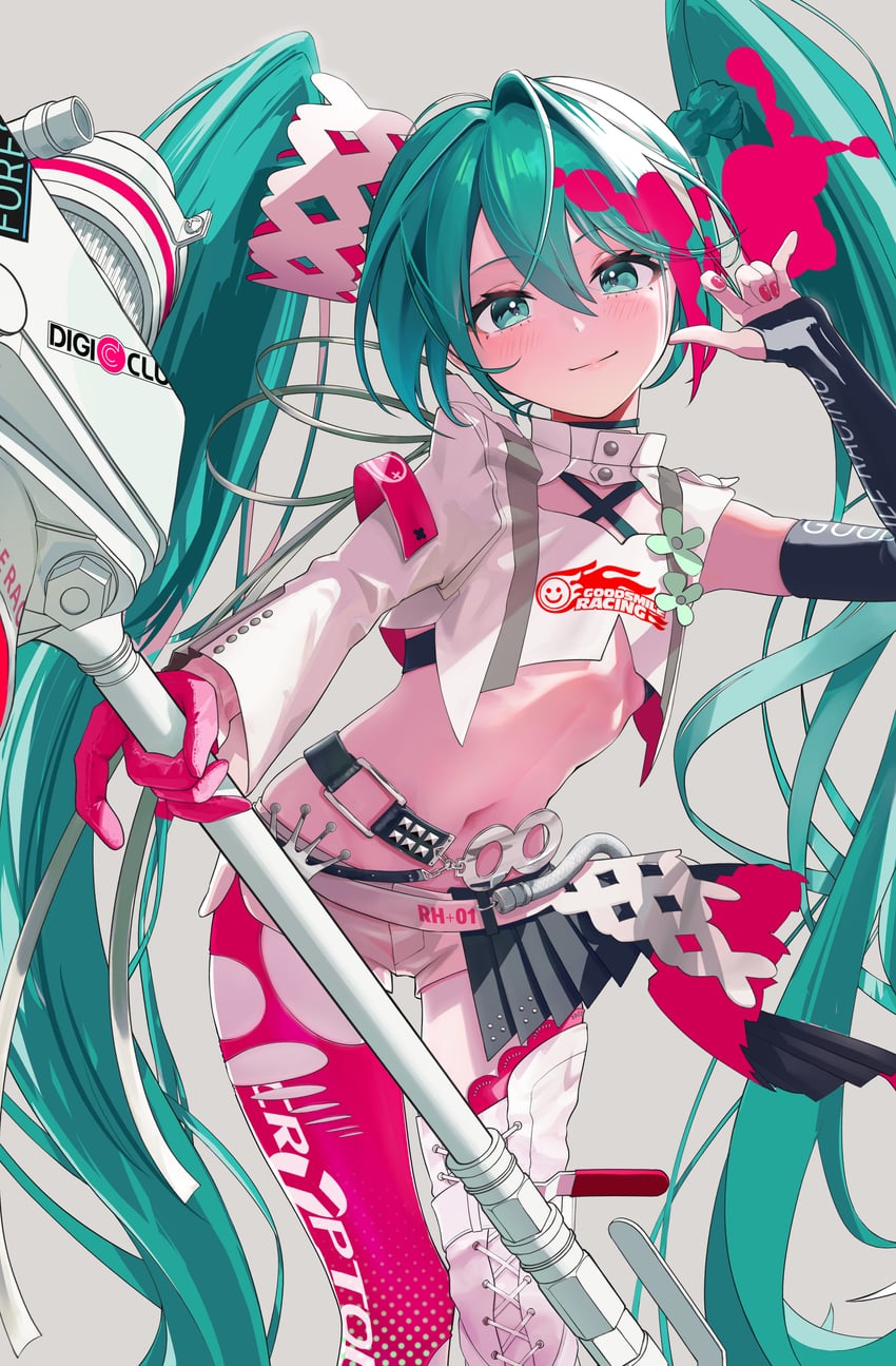 hatsune miku and racing miku (vocaloid and 1 more) drawn by hxk4_n
