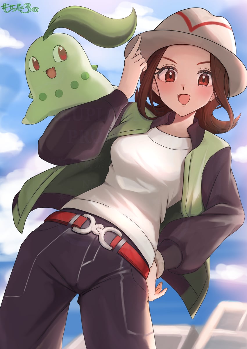 chikorita and harmony (pokemon and 1 more) drawn by mochitaro_(mothitaroo)