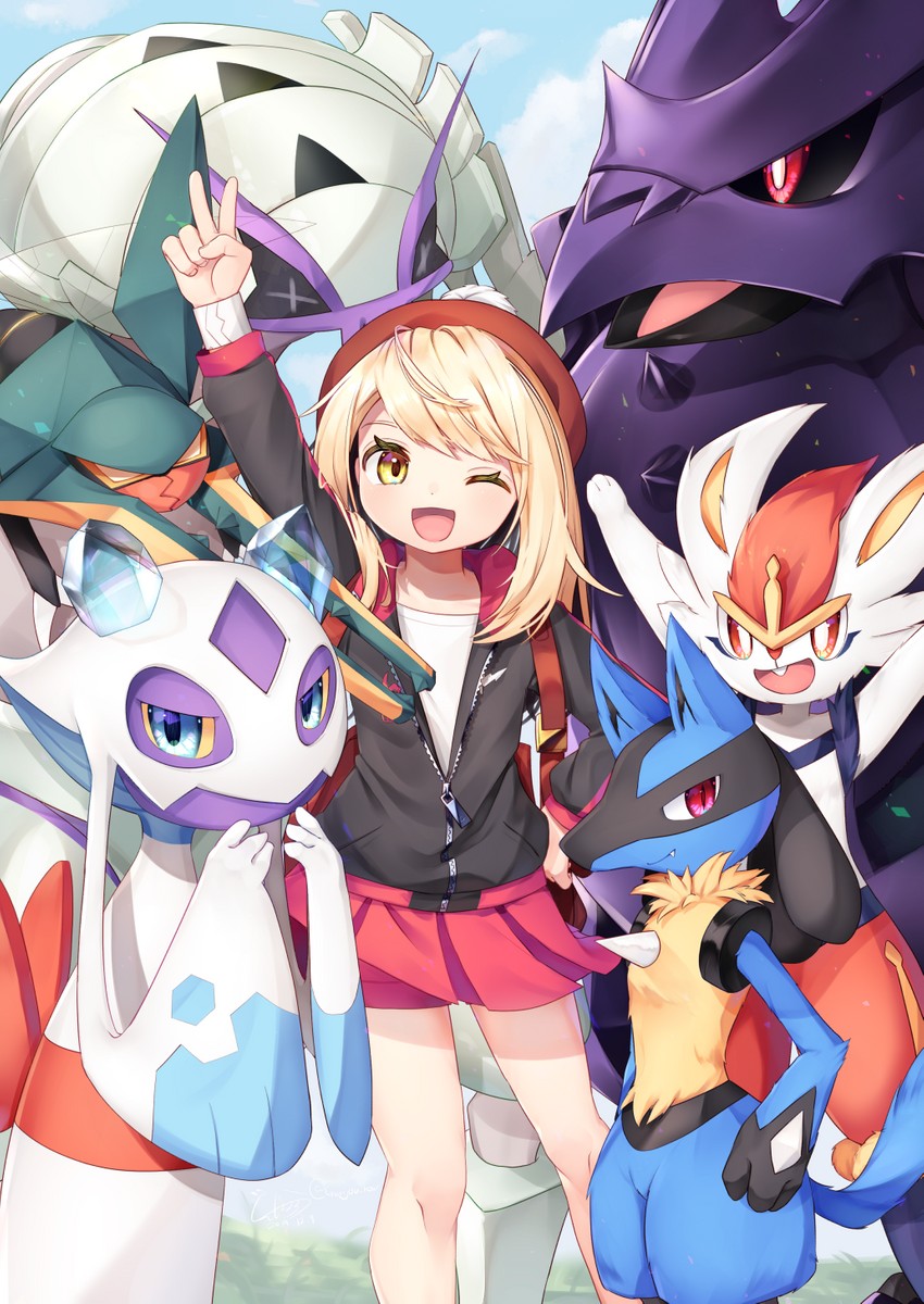 gloria, lucario, cinderace, froslass, corviknight, and 2 more (pokemon and 1 more) drawn by gunjou_row