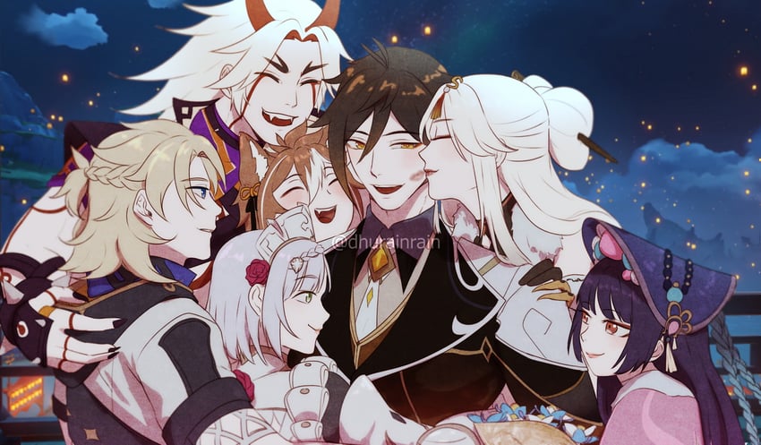zhongli, ningguang, albedo, noelle, arataki itto, and 2 more (genshin impact) drawn by dhurain