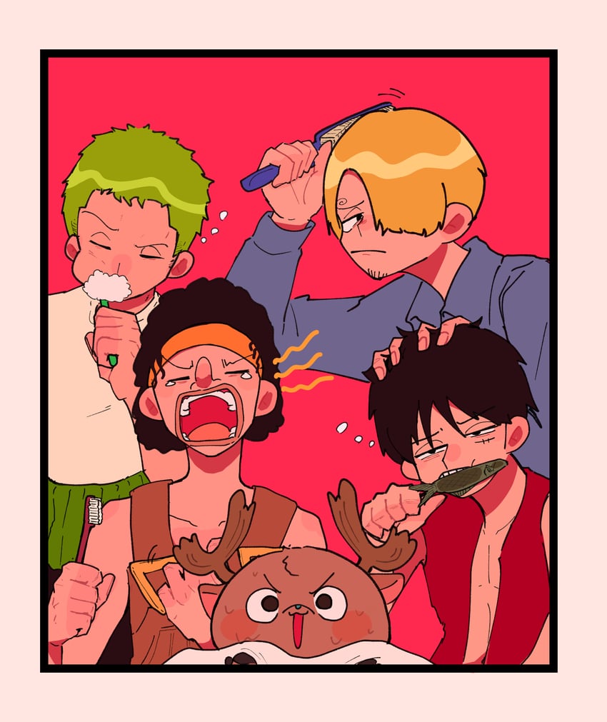 monkey d. luffy, roronoa zoro, sanji, tony tony chopper, and usopp (one piece) drawn by onohi
