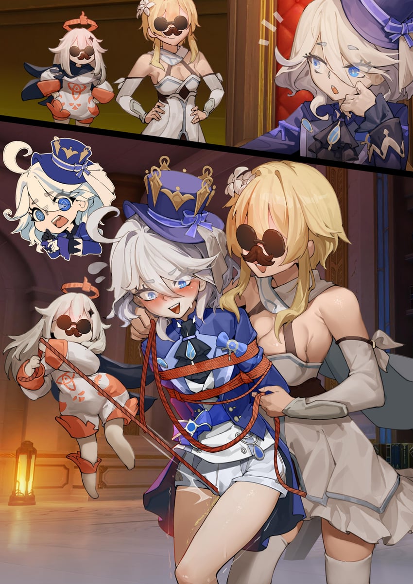 lumine, furina, and paimon (genshin impact) drawn by chen_zi