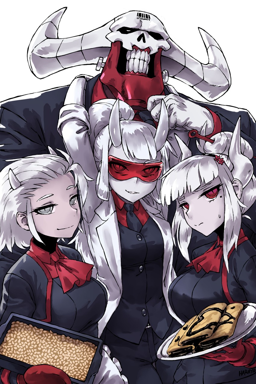 lucifer, justice, loremaster, and subject 67 (helltaker) drawn by haraya_manawari