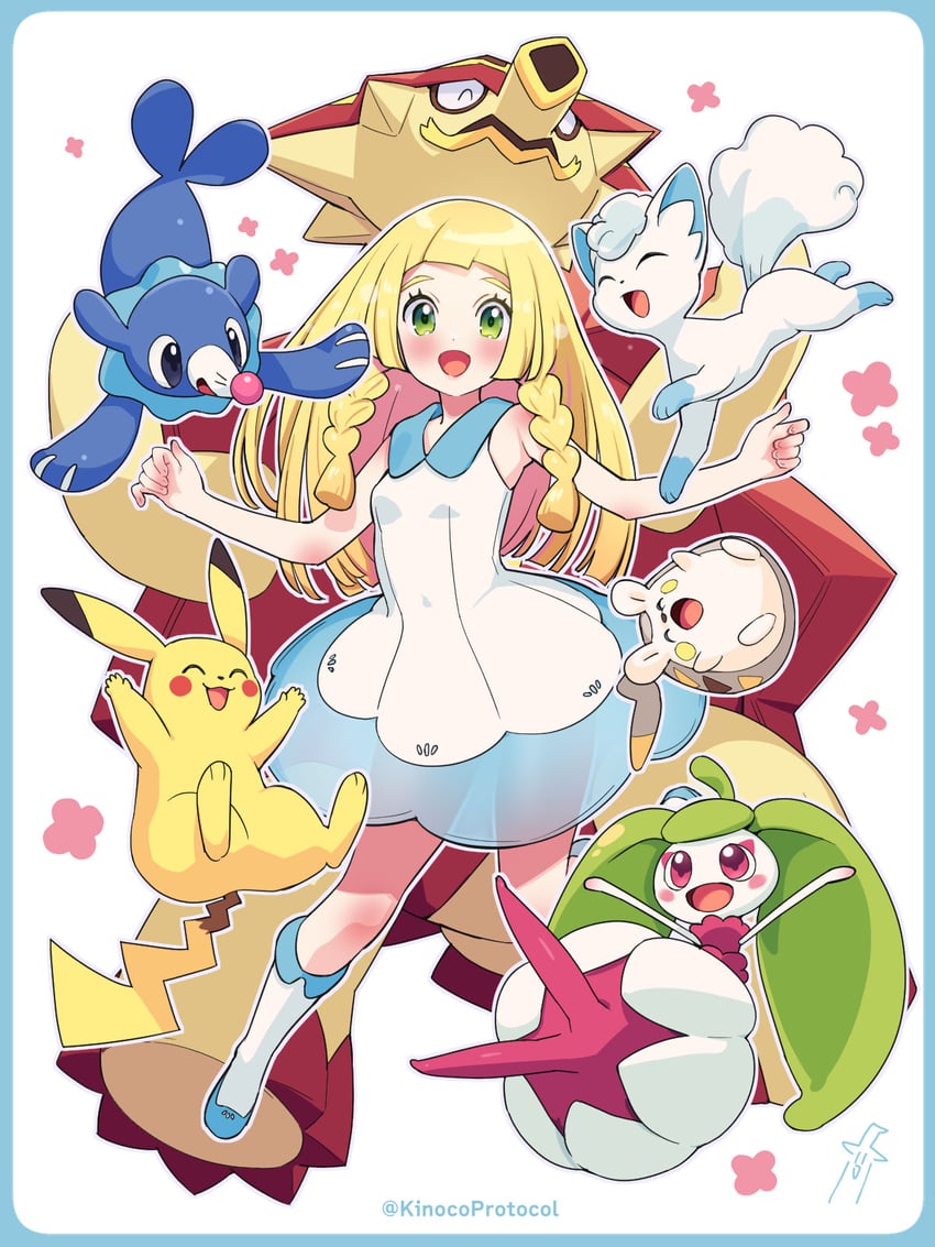 pikachu, lillie, popplio, alolan vulpix, dedenne, and 2 more (pokemon and 2 more) drawn by kinocopro