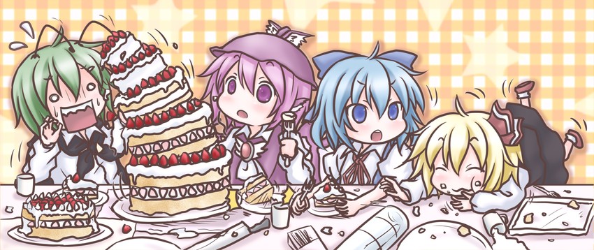 cirno, rumia, mystia lorelei, and wriggle nightbug (touhou) drawn by takanoru