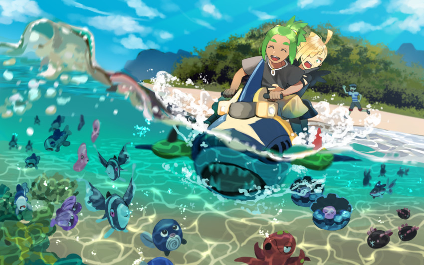elio, gladion, hau, luvdisc, pyukumuku, and 5 more (pokemon and 1 more) drawn by wadani_hitonori