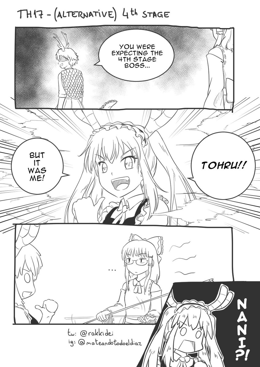 hakurei reimu, kicchou yachie, tohru, and kobayashi (touhou and 2 more) drawn by rakkidei