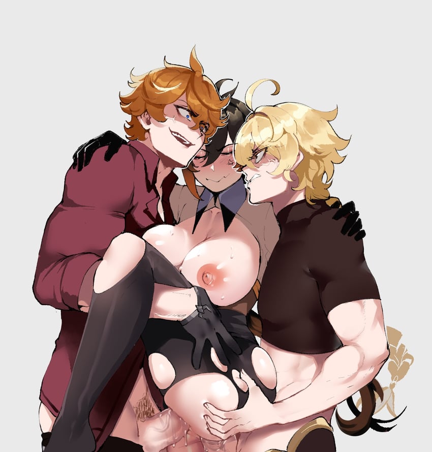 aether, zhongli, and tartaglia (genshin impact) drawn by nyantcha
