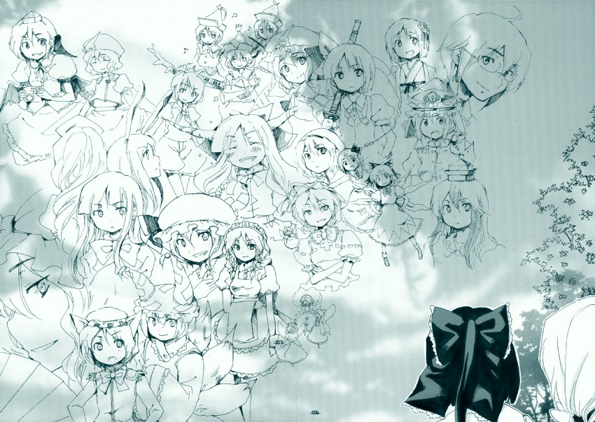 hakurei reimu, kirisame marisa, remilia scarlet, izayoi sakuya, konpaku youmu, and 26 more (touhou and 2 more) drawn by aki_eda