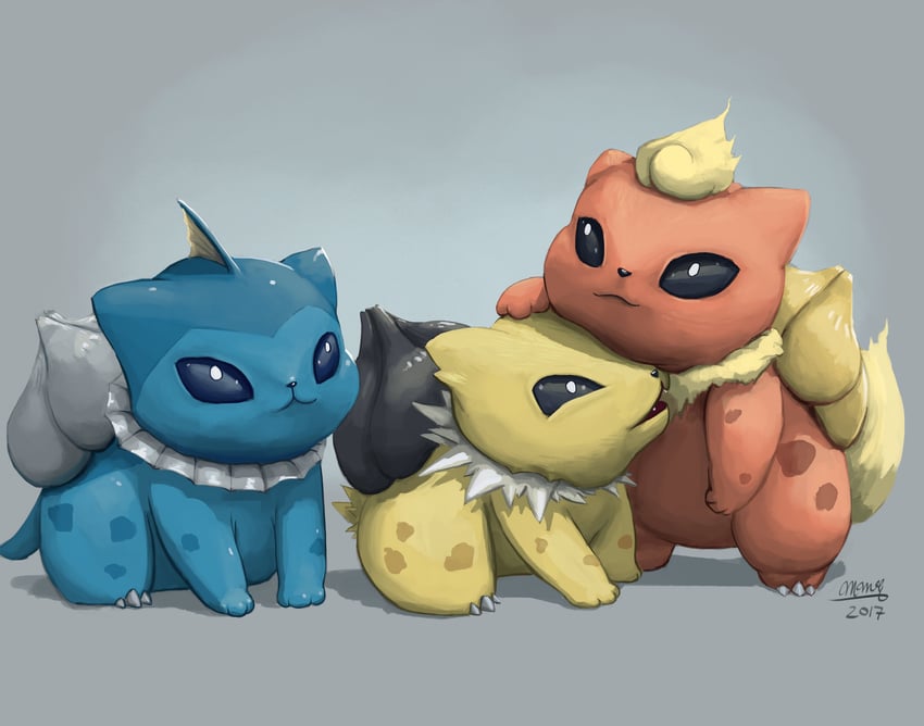 bulbasaur, vaporeon, flareon, and jolteon (pokemon) drawn by mcgmark