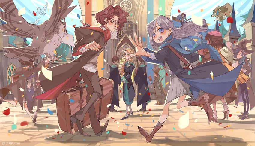cassandra vole, newt scamander, niffler, daniel page, lottie turner, and 6 more (wizarding world and 2 more) drawn by emase_(foxmoon)