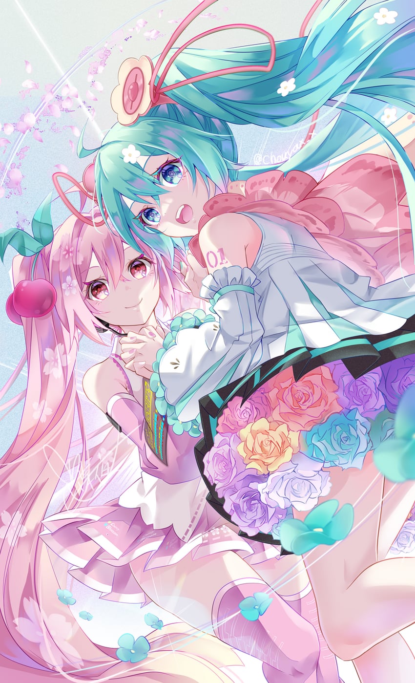 hatsune miku, sakura miku, and magical mirai miku (vocaloid and 1 more) drawn by tyouya