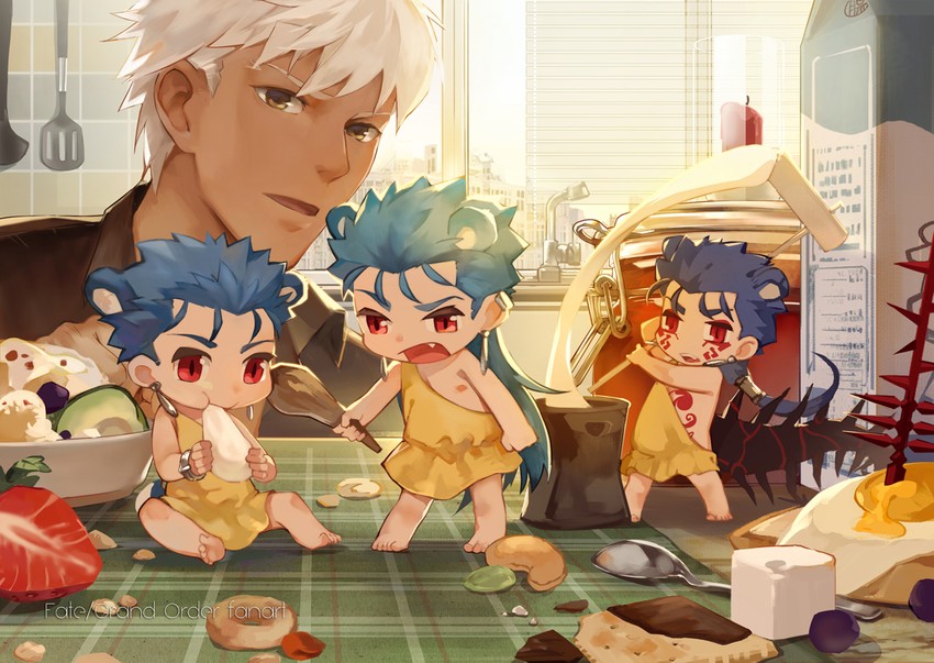 cu chulainn alter, cu chulainn, archer, orion, and kanna nobutoshi (fate and 2 more) drawn by guttia