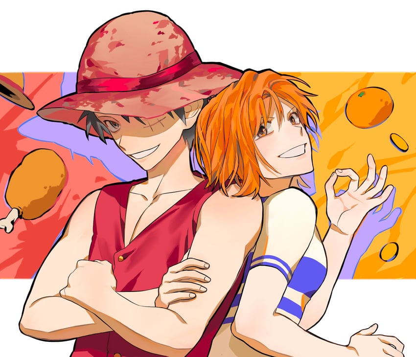 nami and monkey d. luffy (one piece) drawn by water4829