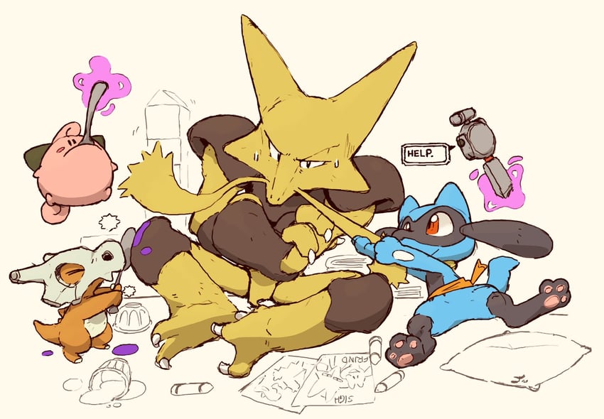 riolu, cubone, alakazam, and cleffa (pokemon) drawn by only_jerry