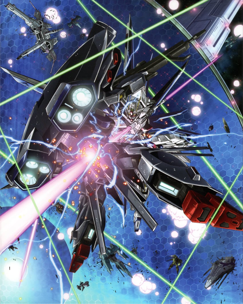 freedom gundam, providence gundam, ginn, meteor, strike dagger, and 2 more (gundam and 2 more) drawn by shigeta_satoshi
