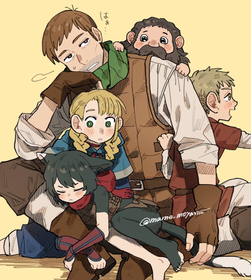 marcille donato, laios touden, senshi, chilchuck tims, and izutsumi (dungeon meshi) drawn by mame_moyashi