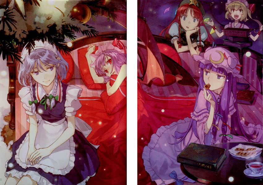 remilia scarlet, flandre scarlet, izayoi sakuya, patchouli knowledge, and hong meiling (touhou) drawn by hidari_(left_side)