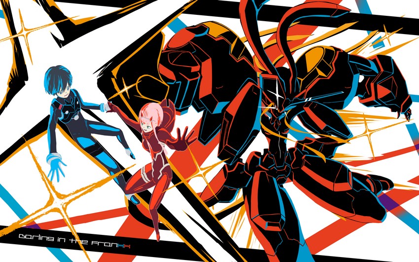 zero two, hiro, and strelizia (darling in the franxx) drawn by deraken