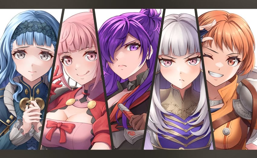 hilda valentine goneril, lysithea von ordelia, marianne von edmund, female shez, and leonie pinelli (fire emblem and 2 more) drawn by ten_(tenchan_man)