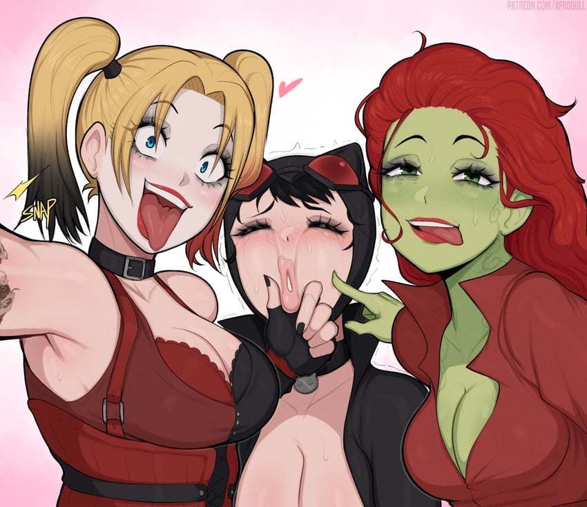 harley quinn, poison ivy, catwoman, and selina kyle (dc comics and 2 more) drawn by afrobull